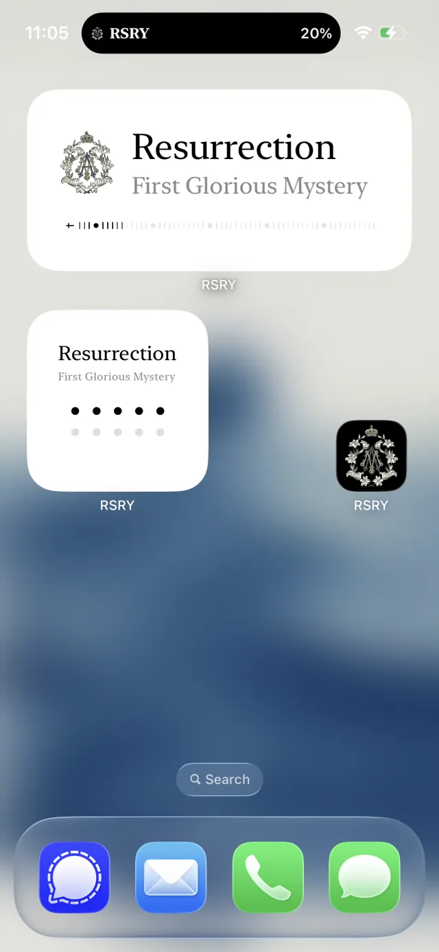 Wide and compact RSRY Home Screen widgets showing the current mystery and decade progress.